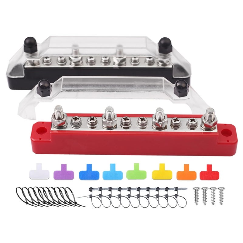 JOYPXF Bus Bar 12V 150A Power Distribution Block 4×1/4" Terminal Stud 6 x #8 Terminals Screws for Car Boat and Solar Wiring 2 Pack Distribution Block with Cable Zip Ties and Cable Labels for Cable Management - Image 1